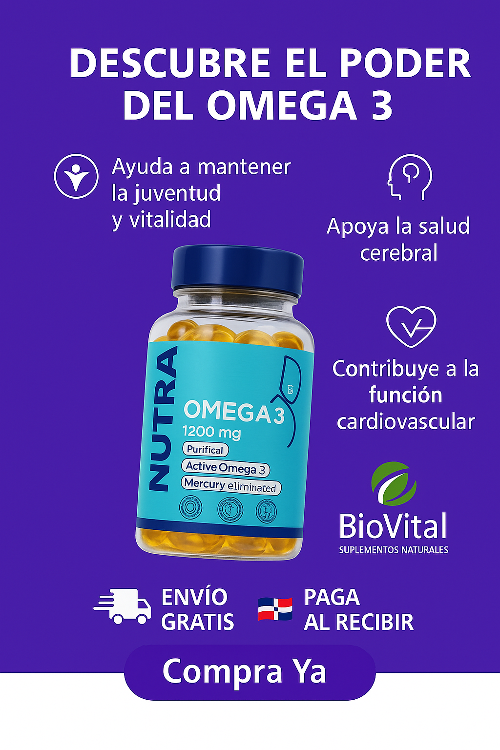 🐟💙 Omega 3 1200 mg (60 Cápsulas) – Aceite de Pescado Purificado con EPA + DHA | ¡Apoya corazón, mente y articulaciones! ✨