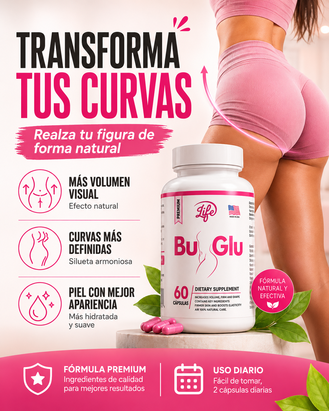 Bu Glu Premium (60 Capsulas) – Firmeza del cuerpo, piel & apoyo femenino natural