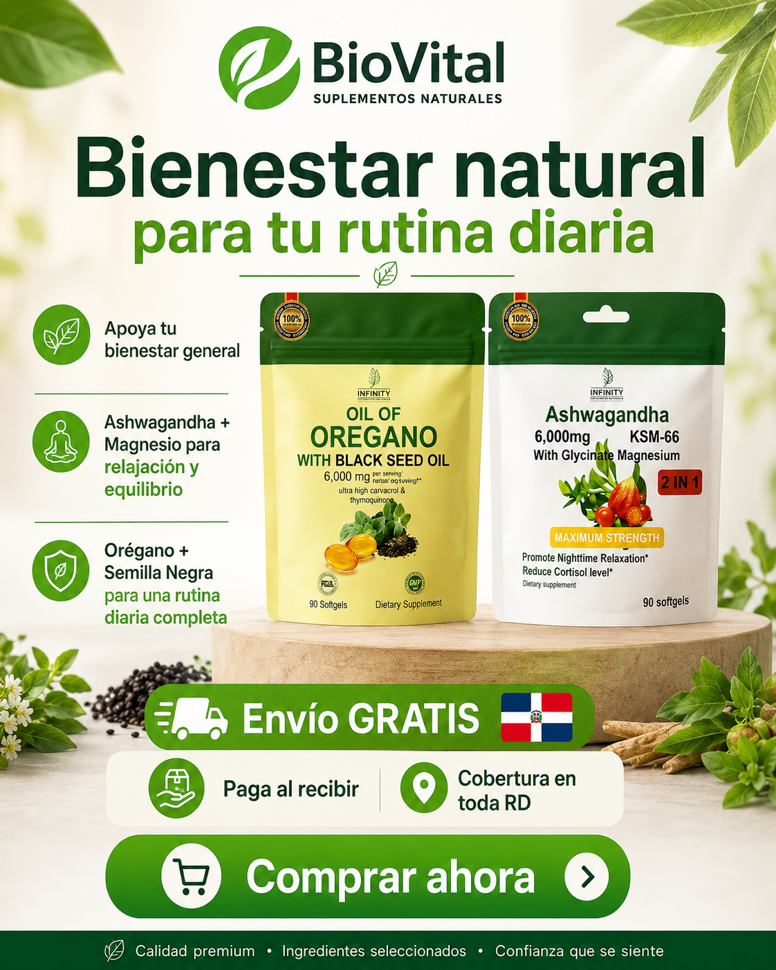 Aceite de Oregano & Semillas Negras (90 Capsulas) + Ashwagandha & Glicinato de Magnesio (90 Capsulas) - Combo Natural para Defensas, Calma y Descanso