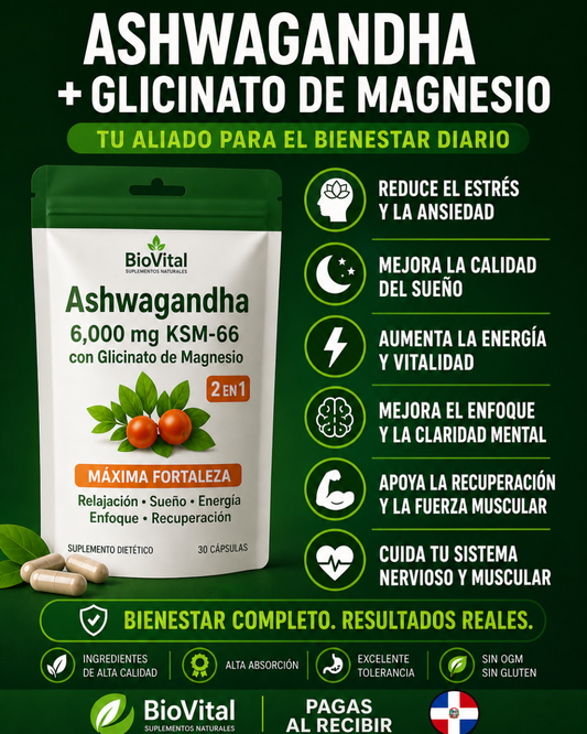 🌿 Ashwagandha + Glicinato de Magnesio 6000mg - 90 Capsulas | Estrés, Sueño y Energía en 1