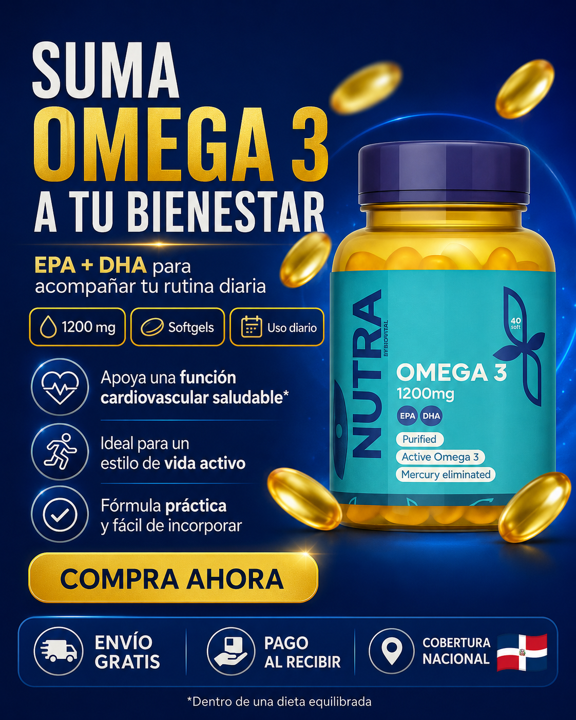 🐟💙 Omega 3 1200 mg (60 Cápsulas) – Aceite de Pescado Purificado con EPA + DHA | ¡Apoya corazón, mente y articulaciones! ✨