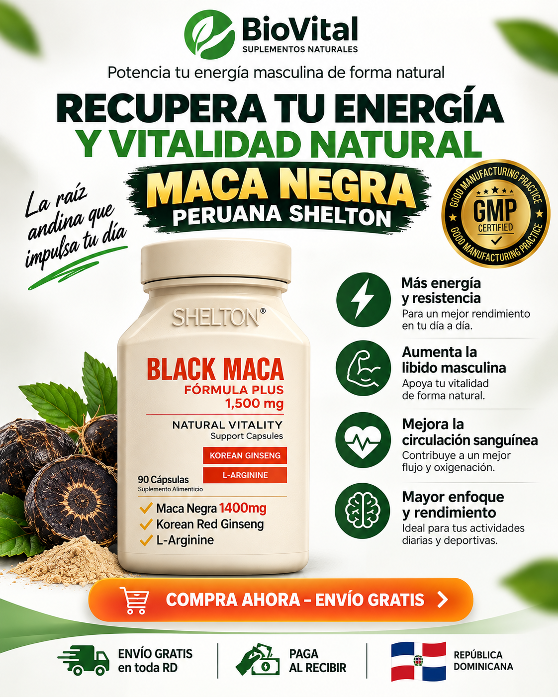 MACA NEGRA SHELTON Formula Plus 1500 mg – Energía, Vitalidad y Rendimiento Masculino | 90 Cápsulas
