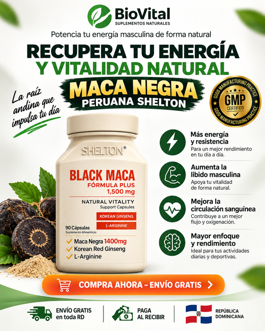 MACA NEGRA SHELTON Formula Plus 1500 mg – Energía, Vitalidad y Rendimiento Masculino | 90 Cápsulas