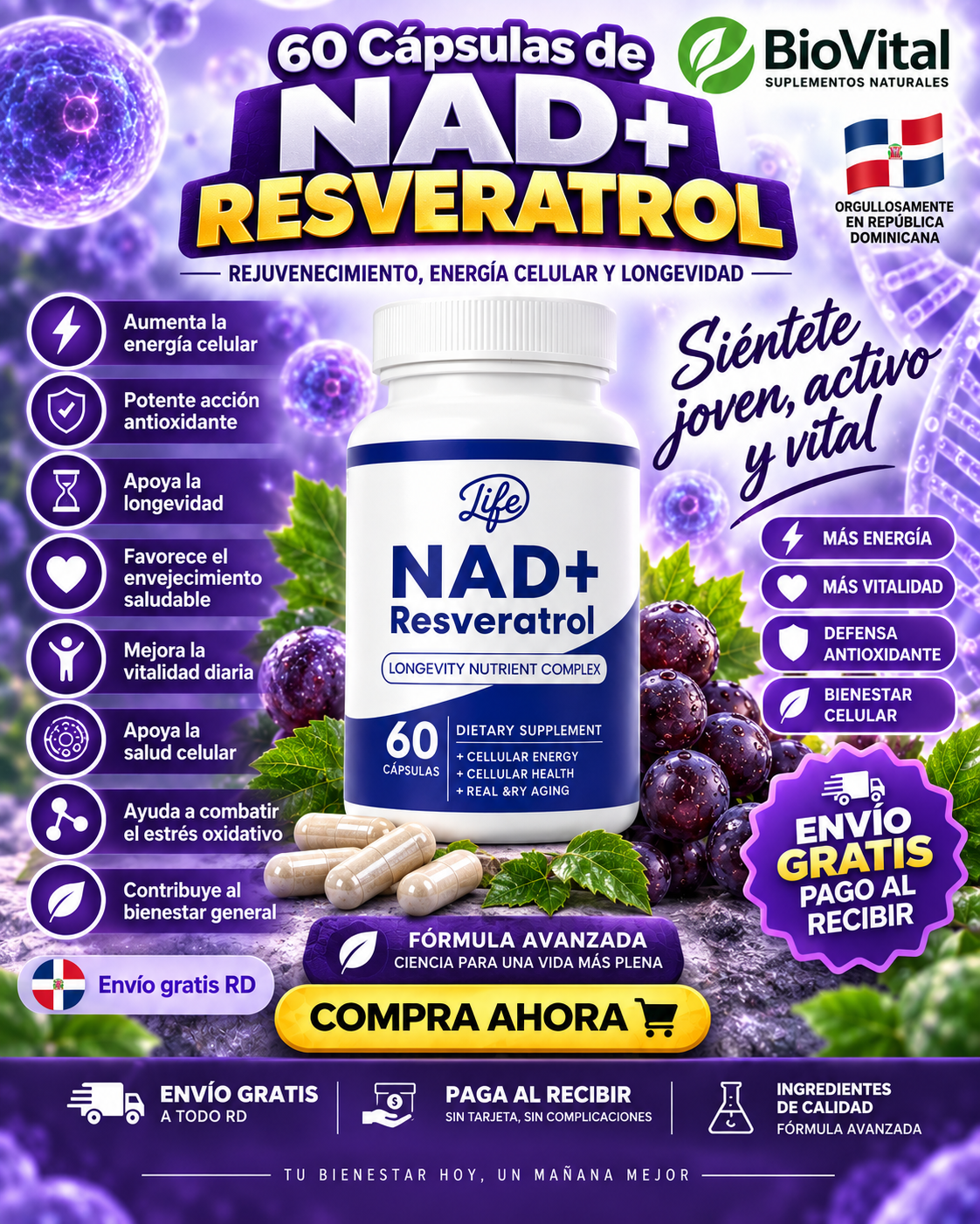 💊 NAD+ Resveratrol x 60 Capsulas – ¡Ralentizar el envejecimiento desde dentro!