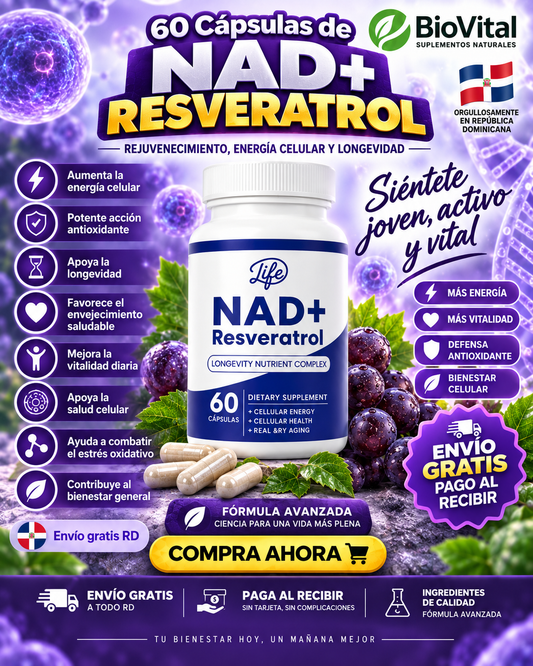 💊 NAD+ Resveratrol x 60 Capsulas – ¡Ralentizar el envejecimiento desde dentro!